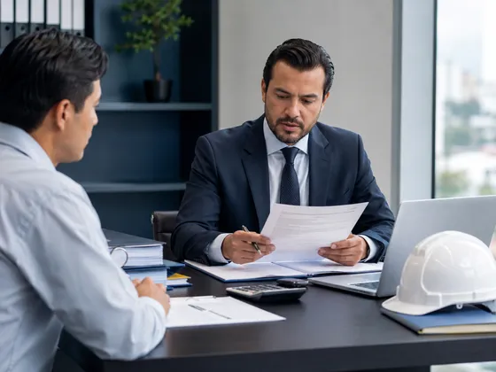 Asesor revisando documentación de una obra con un cliente